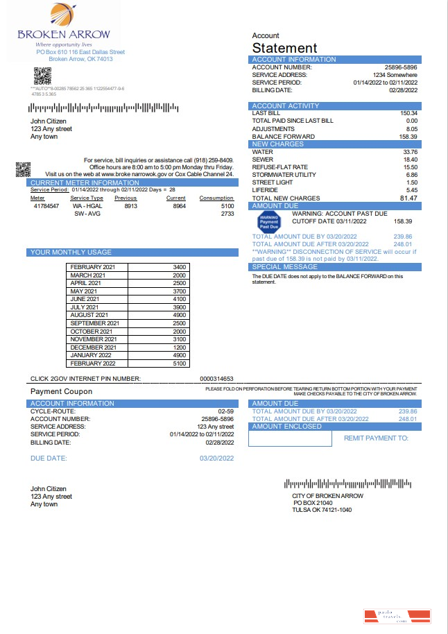 USA Oklahoma City of Broken Arrow utility bill template in Word and PDF format